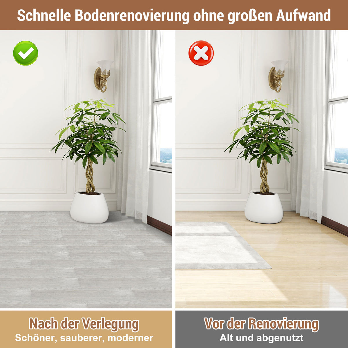 PVC-Bodenbelag, selbstklebende Vinylfliesen, Vinylboden, 91,44 cm × 15,24 cm – Stärke 2 mm, rutschfeste Vinyl-Verbundbodenstreifen, geeignet für Schlafzimmer und Wohnzimmer, 18 Stück = 2,5 m², in drei Farben erhältlich