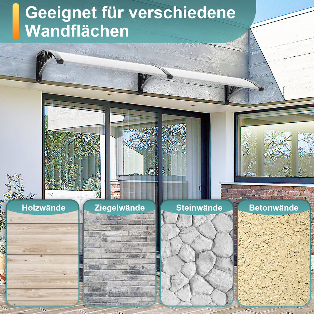 Vordach für Außentüren, transparente PC-Platten + schwarze Verstärkungsstreben, 6 mm dick, einseitig geneigtes, gewölbtes Vordach, schützt vor Sonne und Regen, vier Größen: 120 cm / 150 cm / 200 cm / 300 cm