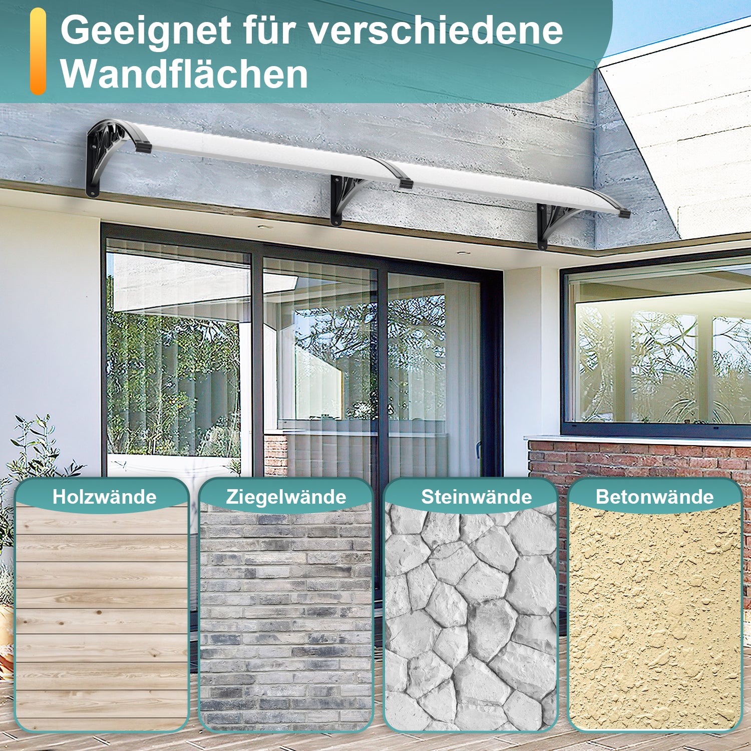 Vordach für Außentüren, transparente PC-Platten + schwarze Verstärkungsstreben, 6 mm dick, einseitig geneigtes, gewölbtes Vordach, schützt vor Sonne und Regen, vier Größen: 120 cm / 150 cm / 200 cm / 300 cm