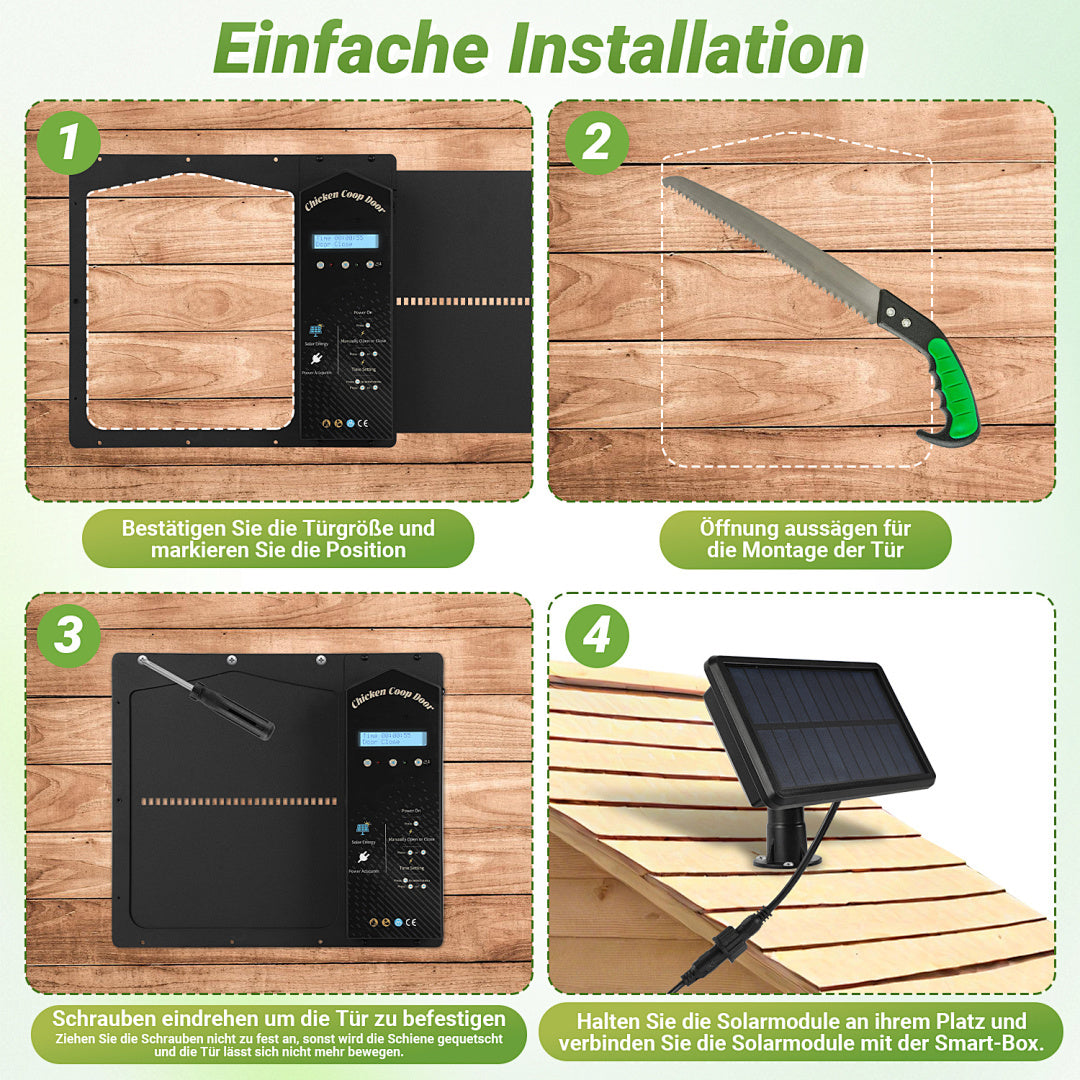 Elektrisches Solartor für Hühnerställe – Automatisches Hühnerstalltore mit Lichtsensor – LCD-Display – Zeitschaltuhr – Fernbedienung – Intelligente Schutzfunktion