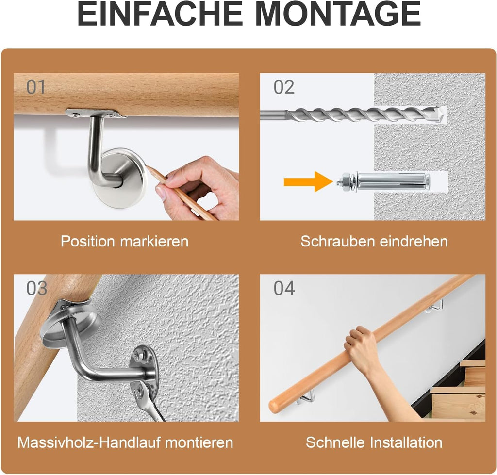 Treppengeländer, Wandgeländer mit Wandbefestigungen und Endkappen, Durchmesser 42 mm, wandmontiertes Treppengeländer, rutschfestes Geländer für Treppen und Balkone, erhältlich in den Längen 50, 80, 100, 120, 150 und 200 cm.