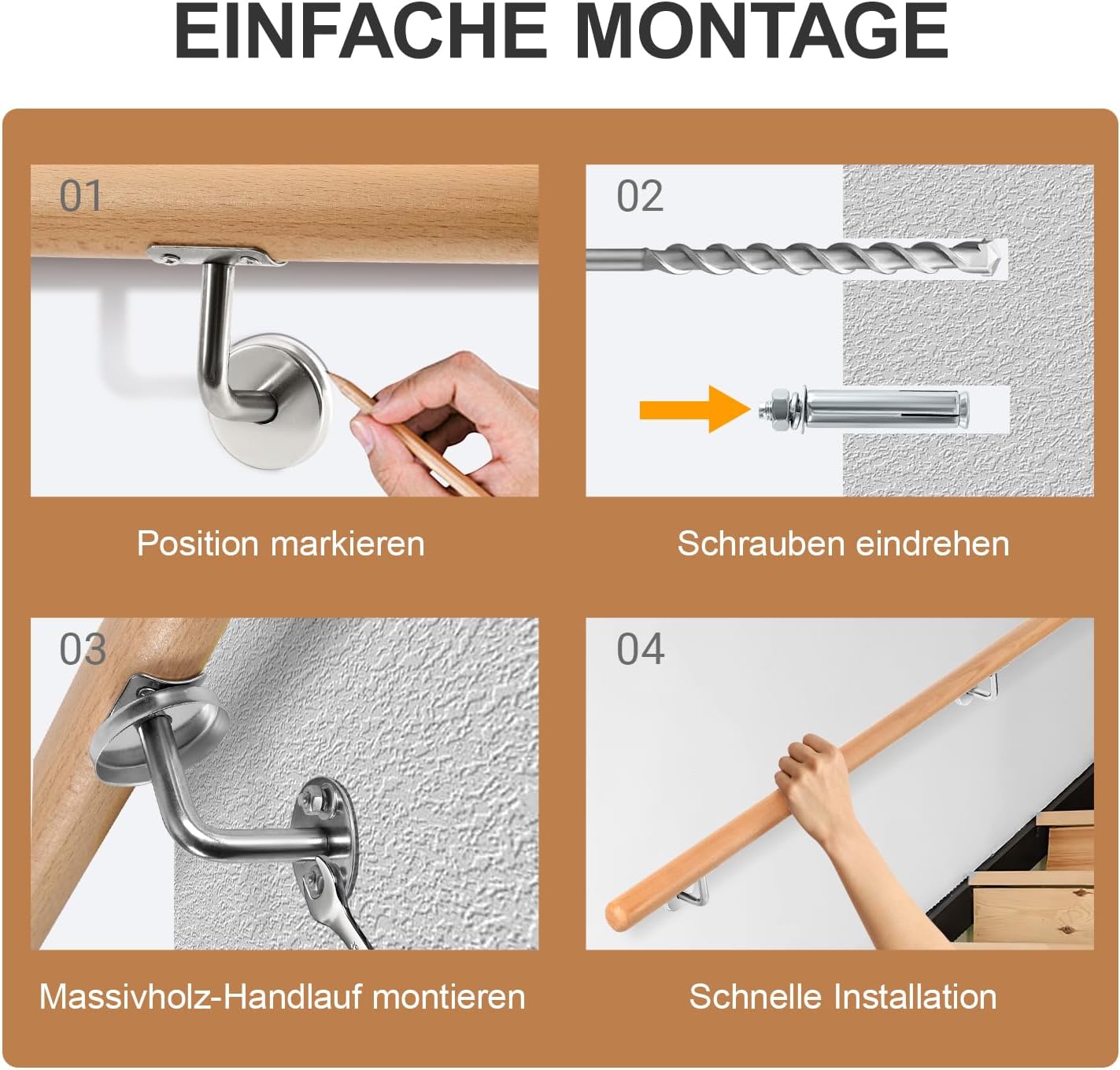 Treppengeländer, Wandgeländer mit Wandbefestigungen und Endkappen, Durchmesser 42 mm, wandmontiertes Treppengeländer, rutschfestes Geländer für Treppen und Balkone, erhältlich in den Längen 50, 80, 100, 120, 150 und 200 cm.