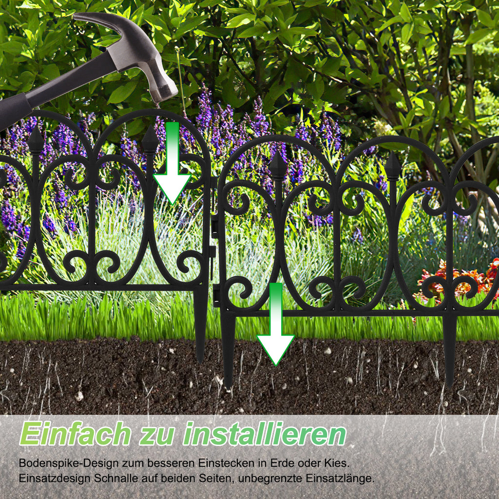Blumenbeetumrandung aus Kunststoff, einsteckbare Blumenbeetränder, dekorative Umrandung, 33 cm hoch, mit Erdspießen, Set für Gartenblumenbeete, Retro-Stil, schwarz, in zwei Ausführungen erhältlich: 5-teiliges Set und 10-teiliges Set
