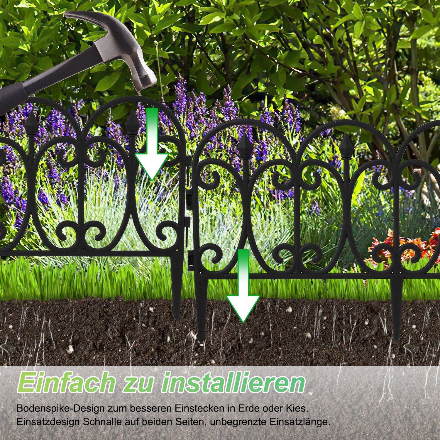 Blumenbeetumrandung aus Kunststoff, einsteckbare Blumenbeetränder, dekorative Umrandung, 33 cm hoch, mit Erdspießen, Set für Gartenblumenbeete, Retro-Stil, schwarz, in zwei Ausführungen erhältlich: 5-teiliges Set und 10-teiliges Set