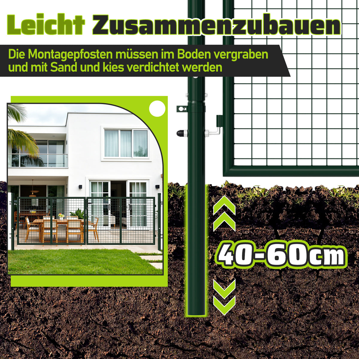 Doppelflügeltore, 300x100cm/350x100cm Metall Gartentor, Gartenzaun Zaun inkl. Griff, Schloss und 3 Schlüsseln, Robust Gartentür für Zauntür, Hoftor, Zauntor, Rundrohr, Grün/Anthrazit