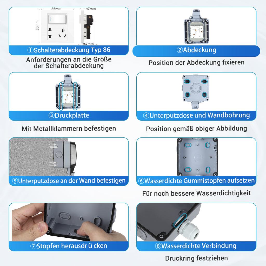 IP65 Wasserdichte Außensteckdose Outdoor mit Schalter, Schutzkontakt, 16A 250V, 1-Fach, Aufputz für Garten & Feuchtraum