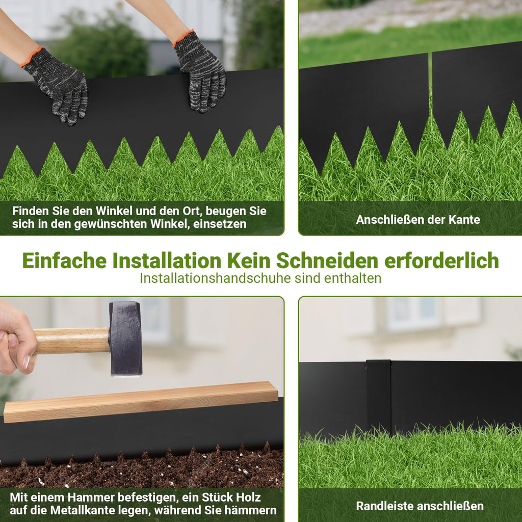 Rasenkante Metall, 100x20cm Rasenkanten mit Scharfen Sägezähnen, Flexible Beeteinfassung mit Clips und Handschuhe, Schwarz / Silber / Bronze