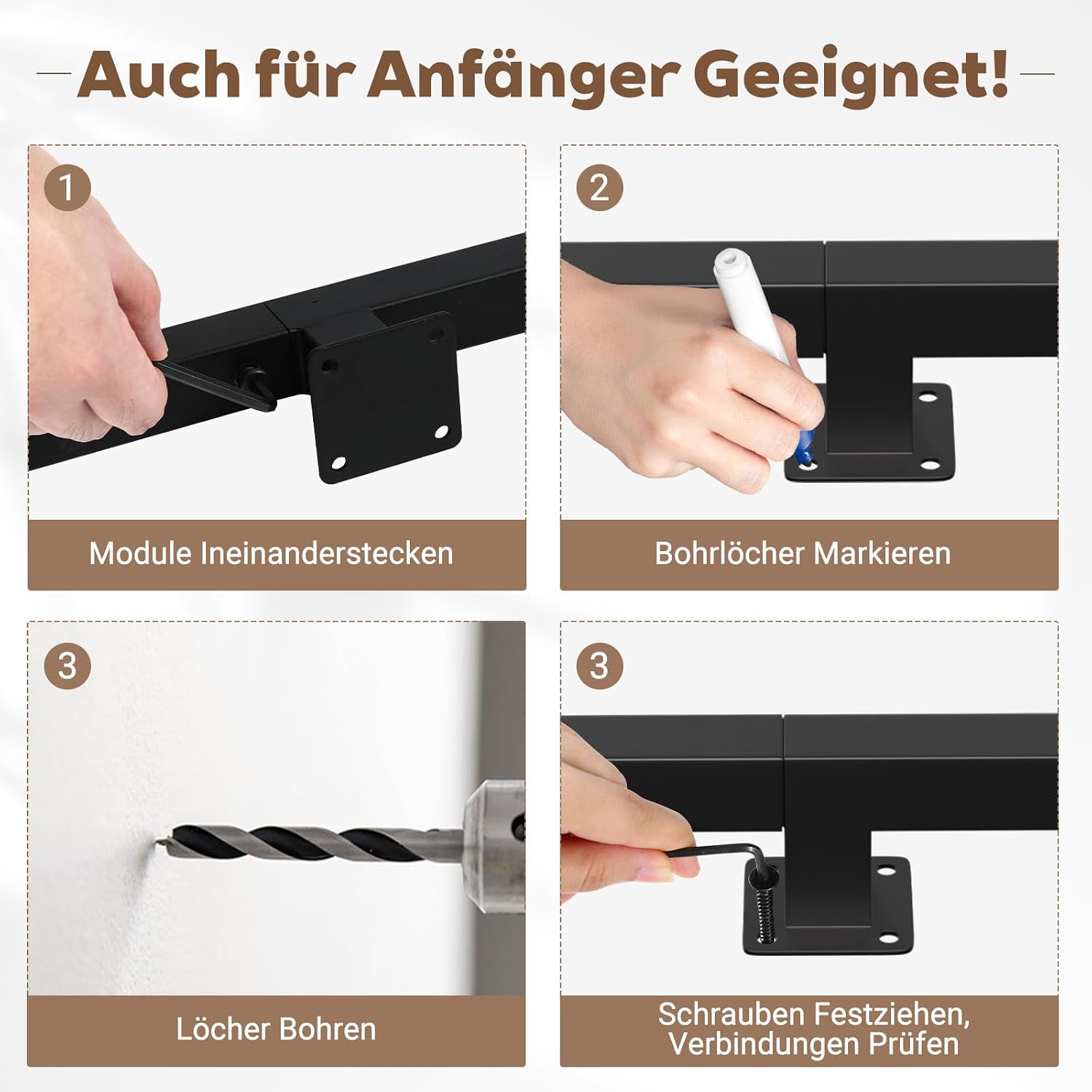 Handlauf Treppengeländer Geländer Schwarz Wandhandlauf Wand Treppe, Quadratisches Rohrdesign, Treppengeländer Innen und Außen für Treppen, Brüstung, Balkon