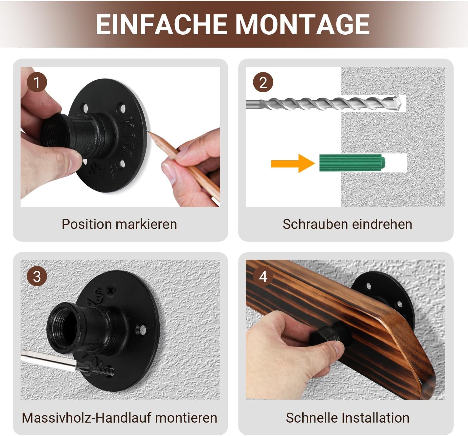 Treppengeländer, Wandgeländer für Treppen, rutschfeste Geländer mit Wandhalterungen und Befestigungszubehör, geeignet für die seitliche Montage an Treppen und Balkonen, flache Ausführung, braun, in sieben Größen erhältlich.