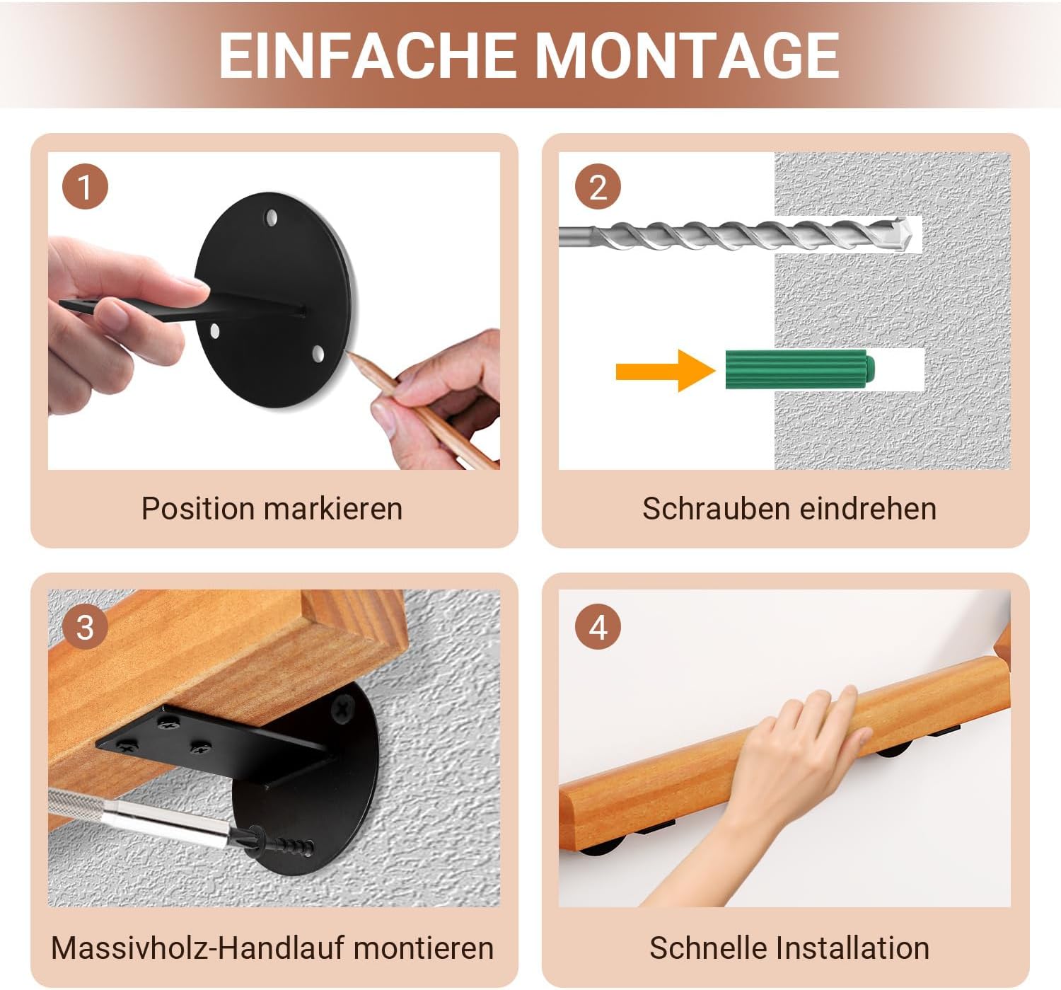 Wandmontiertes Treppengeländer, Treppenhandlauf, seitliche Montage, inklusive Wandhalterungen und Montagezubehör, halbrunder rutschfester Handlauf, geeignet für Innentreppen, helles Walnussbraun, erhältlich in den Längen 60/80/100/120/150/180/200 cm.