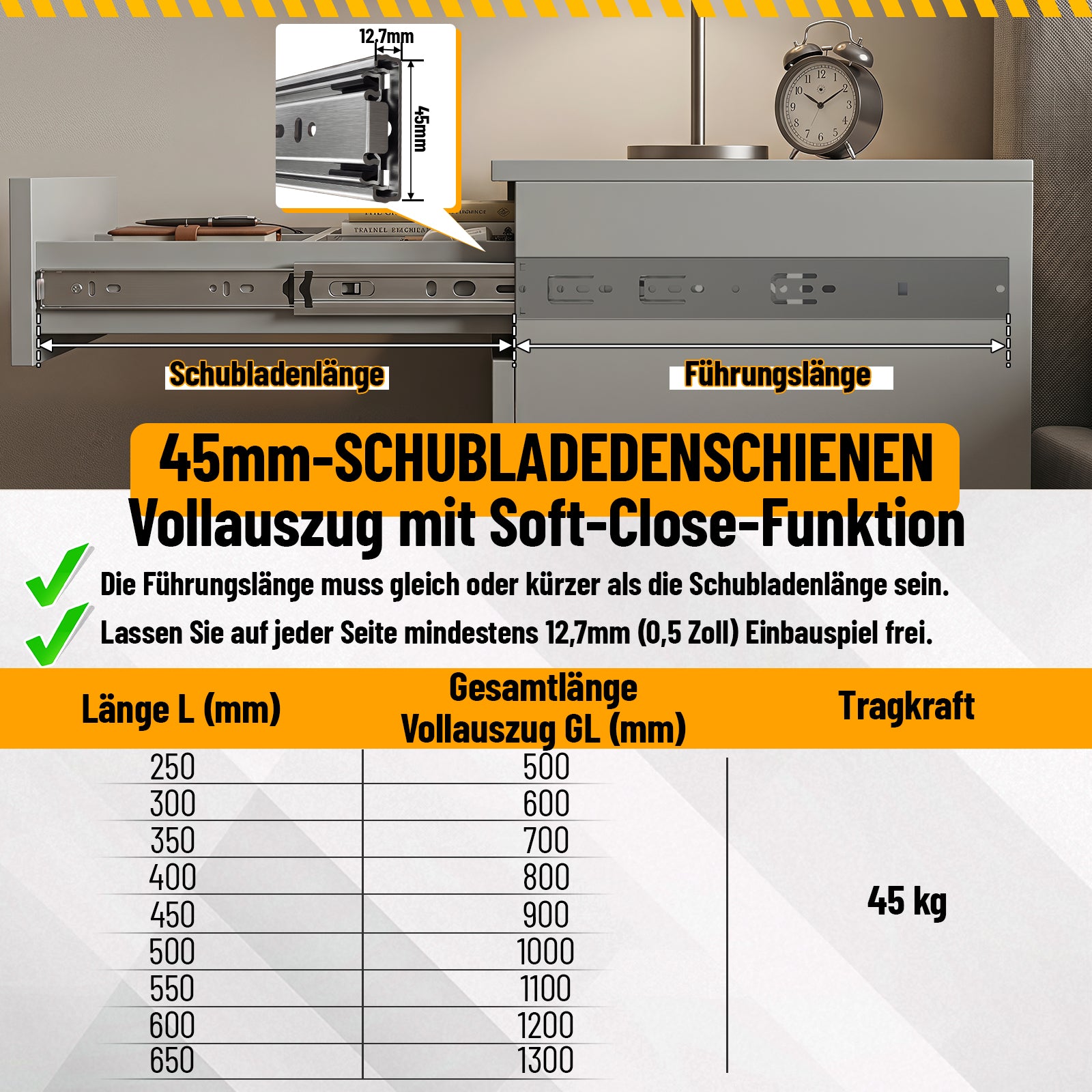 Vollauszug-Schubladenführungen mit automatischer Rückstellfunktion, Kugellagerführung, aus verzinktem Stahl; Schubladenführungen mit einer Tragkraft von bis zu 45 kg pro Paar, in verschiedenen Größen erhältlich.