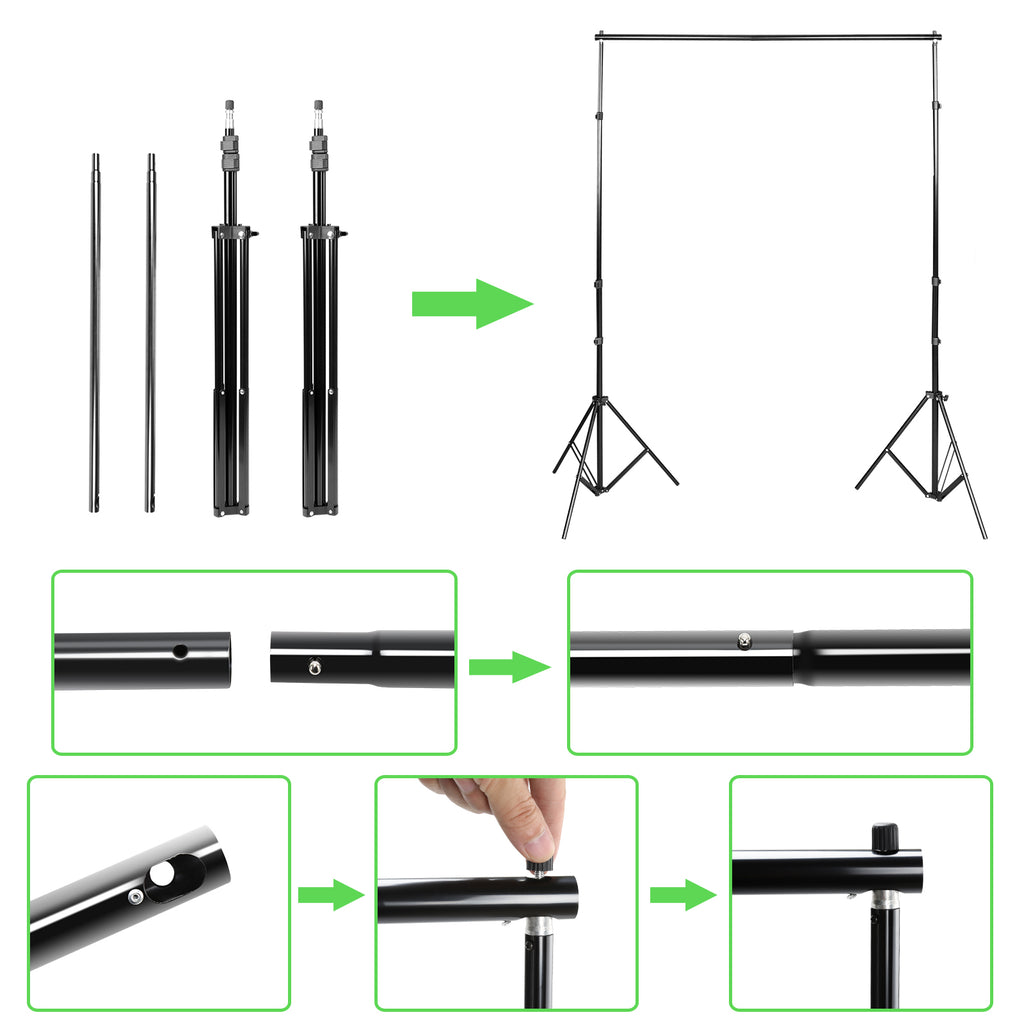 Hintergrund Ständer, 2x3M Hintergrundsysteme mit 3 Hintergrundstoffe (Grün/Weiß/Schwarz), Fotostudio Hintergrundsystem für Green Screen, Portrait und Videoaufnahme