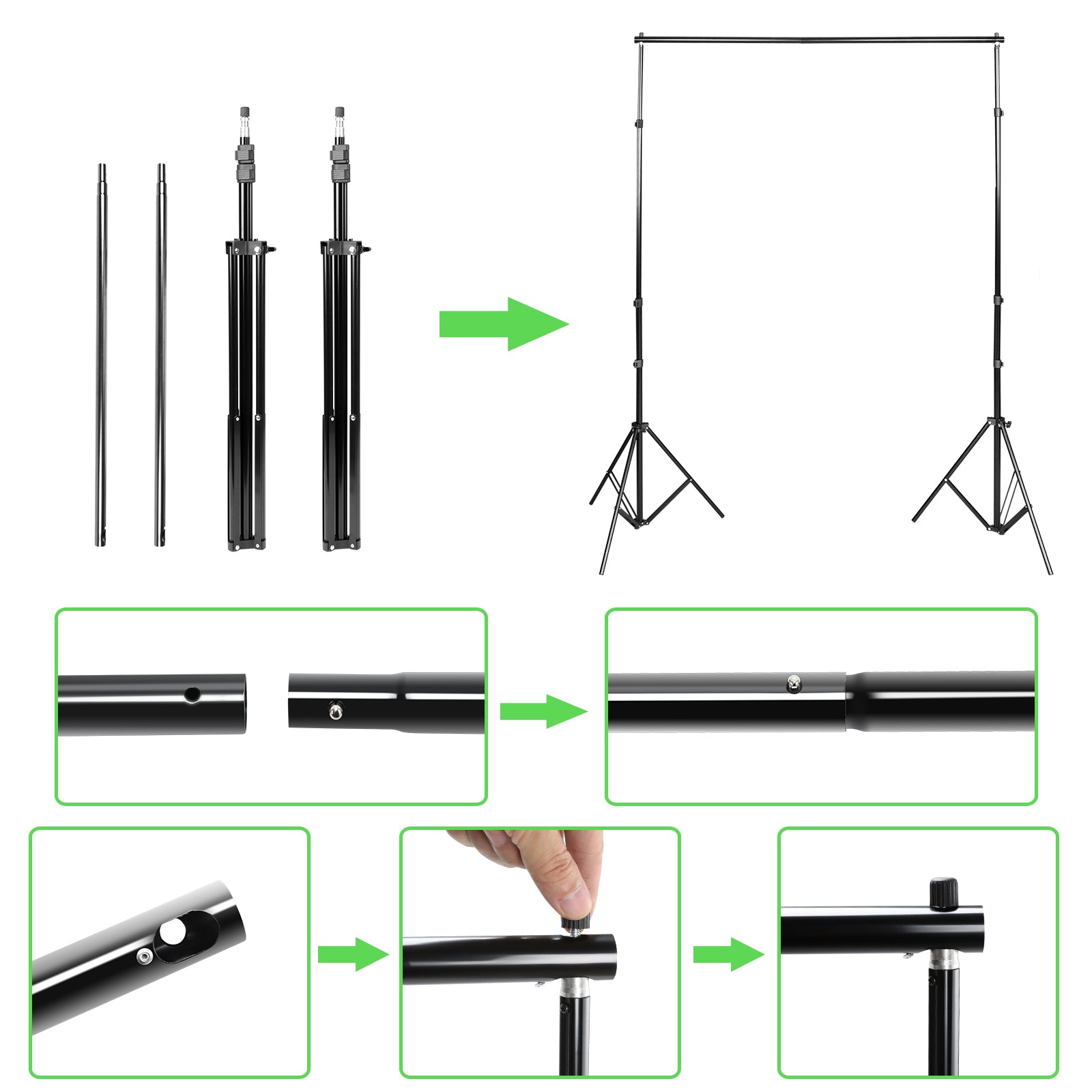Hintergrund Ständer, 2x3M Hintergrundsysteme mit 3 Hintergrundstoffe (Grün/Weiß/Schwarz), Fotostudio Hintergrundsystem für Green Screen, Portrait und Videoaufnahme