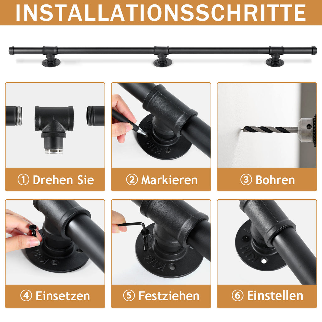 Treppengeländer, Geländer für Innen- und Außentreppen, schwarze Handläufe, wandmontierte Handläufe (inklusive Befestigungszubehör), wandmontierte Halterungen für Treppenhandläufe, geeignet für Treppen, Geländer und Balkone (100 cm/150 cm/200 cm/300 cm)