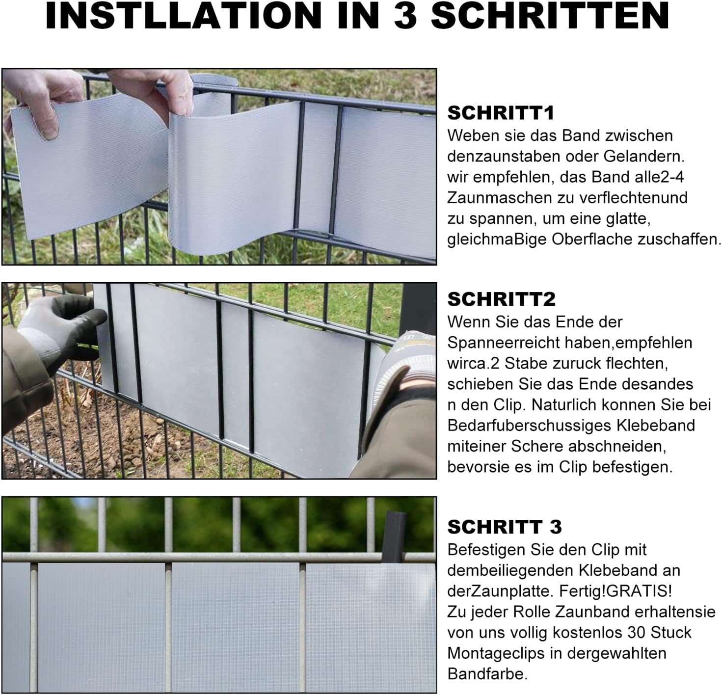 Sichtschutzstreifen für Doppelstabmatten, 50m/70m x 19cm Wetterfester PVC Sichtschutz (450g/m²) inkl. 40 Clips. Ideal für Doppelstabmattenzaun, Garten & Balkon, Grau