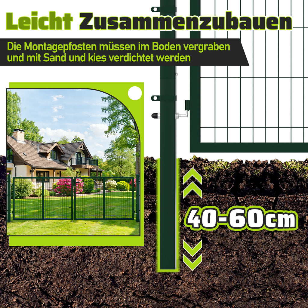 Doppelflügeltore, 300x100cm/350x100cm Metall Gartentor, Gartenzaun Zaun inkl. Griff, Schloss und 3 Schlüsseln, Robust Gartentür für Zauntür, Hoftor, Zauntor, Quadratrohr, Grün/Anthrazit