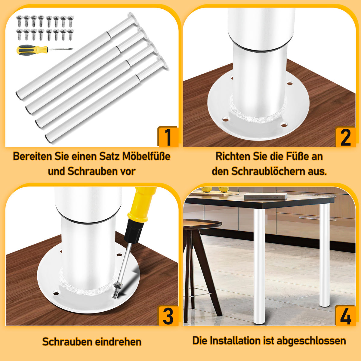 Möbelfüße 4 Stück, Tischbeine höhenverstellbar 70-110 cm, Möbelbeine aus Stahl bis 200 kg belastbar, mit 16 Schrauben, für Tisch, Schrank, Nachttisch, Schlafsofa, Schwarz/Weiß
