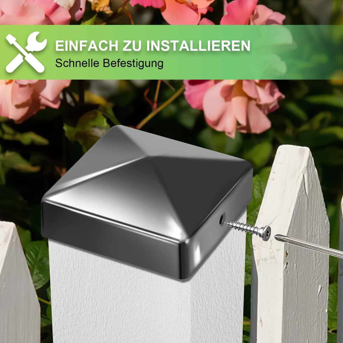 10 Pfostenkappen 91x91mm Zaunpfosten Metall Zaunpfosten verzinkt Pyramiden Form Pfostenabdeckung Zaunpfosten Kappen für Holzpfosten Abdeckkappen für Zaunpfosten mit Schrauben Schwarz/Silber