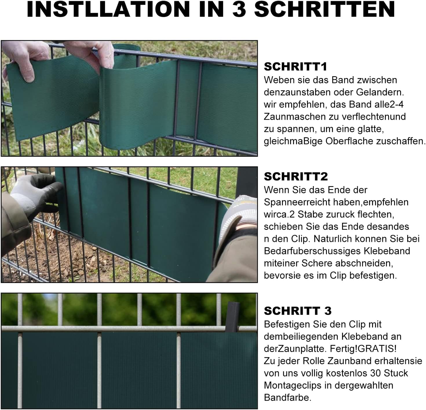 Sichtschutzstreifen für Doppelstabmatten, 35m/50m/70m Wetterfester PVC Sichtschutz (450g/m²) inkl. 30 Clips. Ideal für Doppelstabmattenzaun, Garten & Balkon, Grün