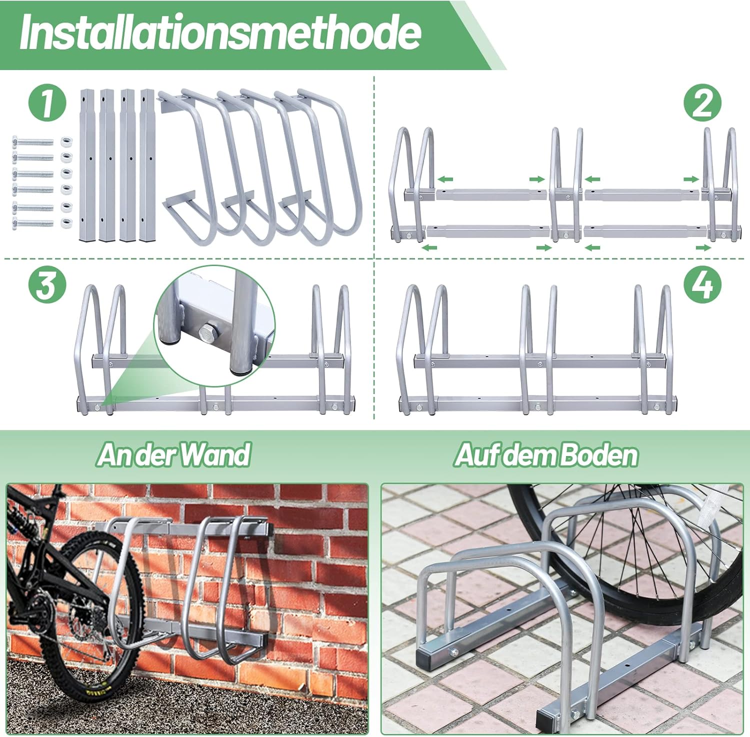 Fahrradständer (Reifenbreite 35–55 mm), bodenmontierte Fahrradständer, einfach zu montierende Fahrradständer aus verzinktem Stahl, silberfarbene Fahrradständer