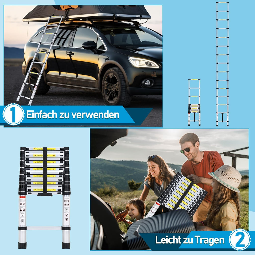2.6m/3.2m/3.8m/4.4m Teleskopleiter, Aluminiumleiter Ausziehbare Leiter mit rutschfesten Füßen, Mehrzweckleiter für Dachboden, Stehleiter, Tragbar Leichte Leiter 150 kg Belastbarkeit