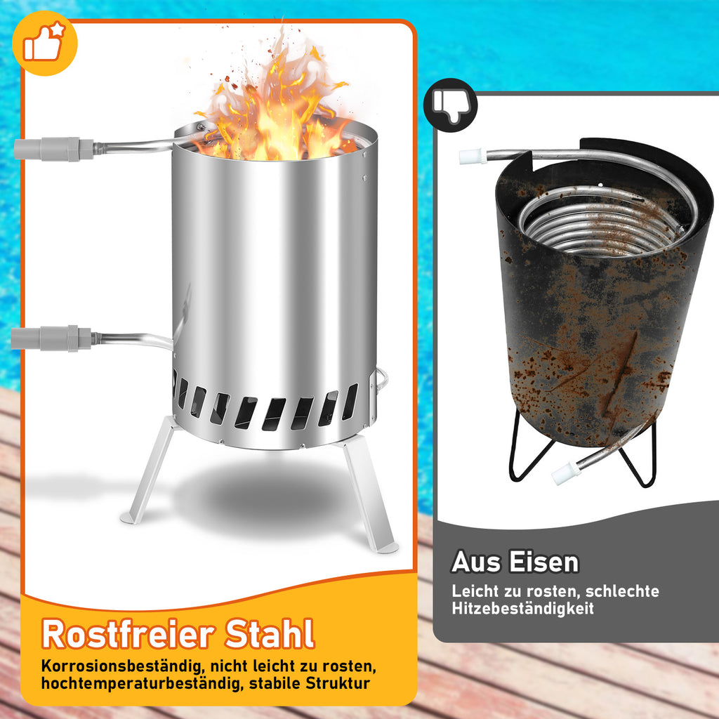 Brennholz Poolheizung, Poolheizung mit Feuer, Poolheizung Feuertonne, Edelstahl Pool beheizt Feuer Eimer 32/38mm Anschlüsse, 100% rostfreier Edelstahl mit Feuerfeste Matte und Rußschublade