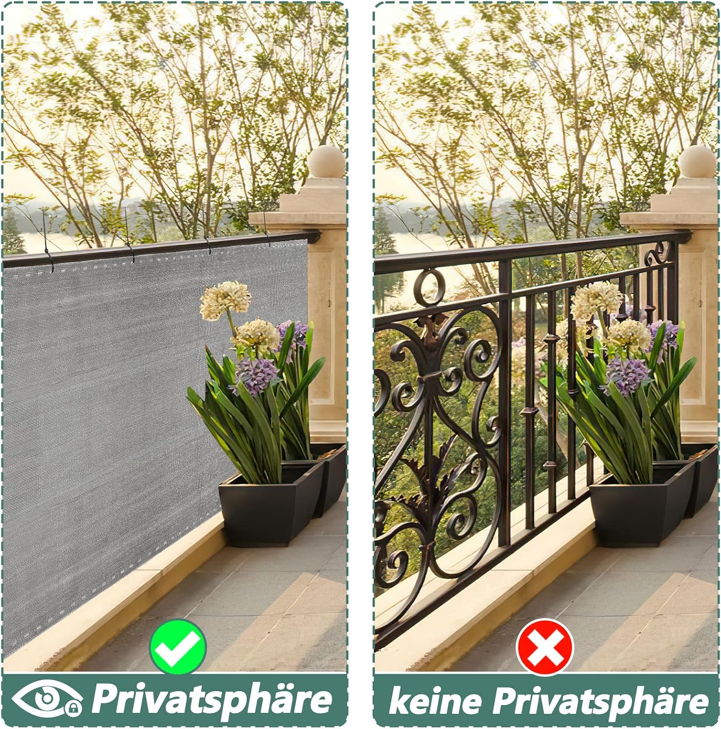 Sichtschutz Zaun, Windschutz Balkon Garten, HDPE 150 g/m², blickdichtes Zaunnetz mit Ösen,verstärkter Rand, UV-stabil, inkl. 50 Kabelbinder – Grau