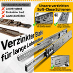 Vollauszug-Schubladenführungen mit automatischer Rückstellfunktion, Kugellagerführung, aus verzinktem Stahl; Schubladenführungen mit einer Tragkraft von bis zu 45 kg pro Paar, in verschiedenen Größen erhältlich.