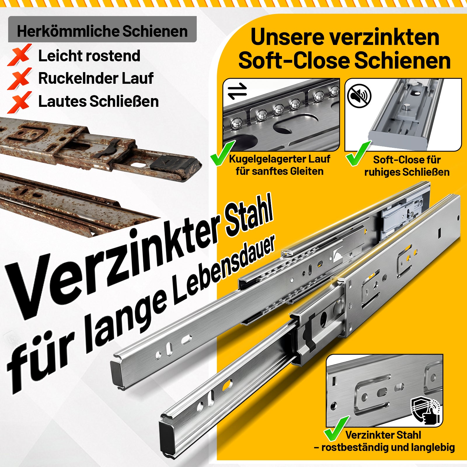 Vollauszug-Schubladenführungen mit automatischer Rückstellfunktion, Kugellagerführung, aus verzinktem Stahl; Schubladenführungen mit einer Tragkraft von bis zu 45 kg pro Paar, in verschiedenen Größen erhältlich.