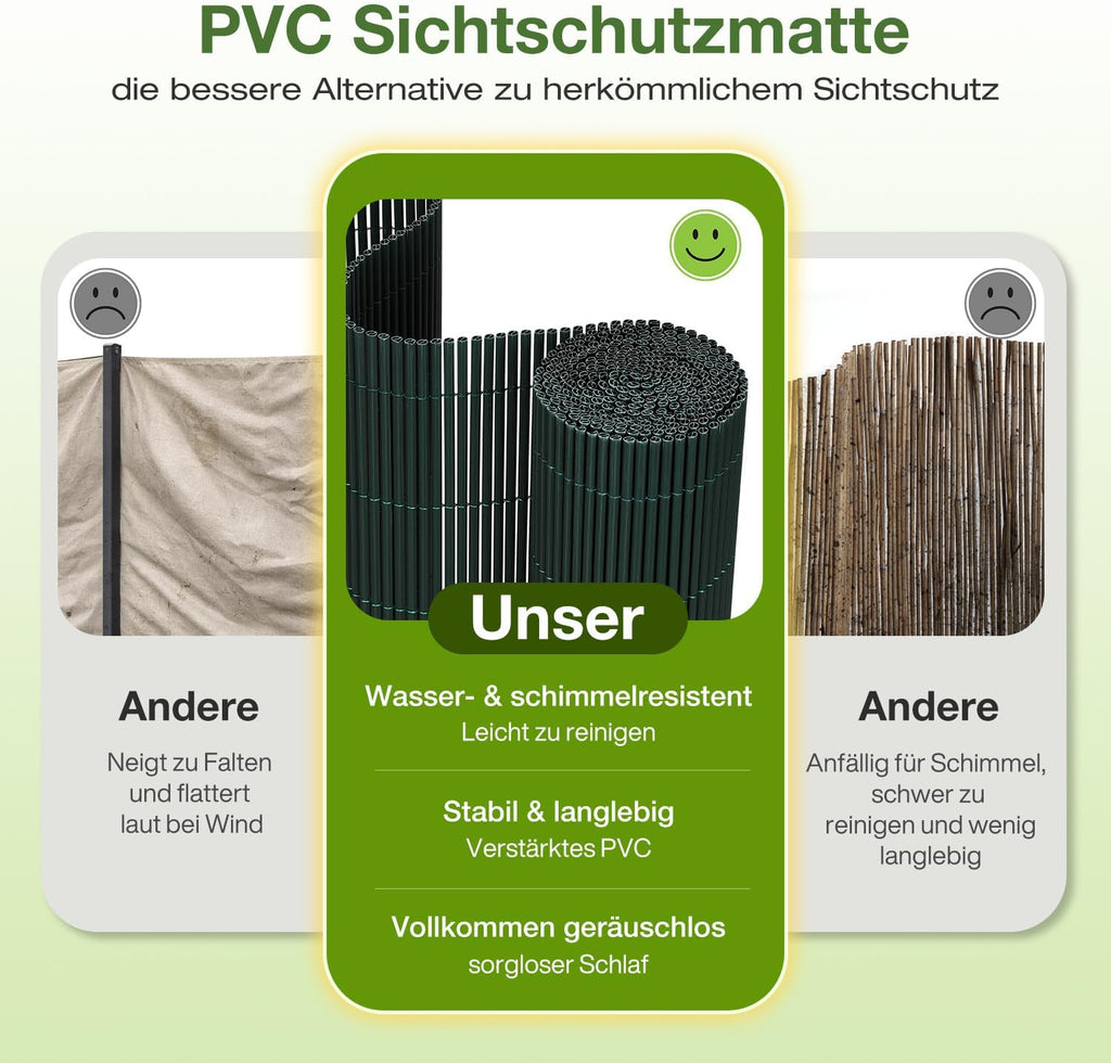 PVC Sichtschutzmatte Balkon Grün – Rundrohr mit Verstärkungsstreifen, Balkon Sichtschutz ohne Bohren, Windschutz & Sichtschutz für Gartenzaun, Terrasse & Geländer