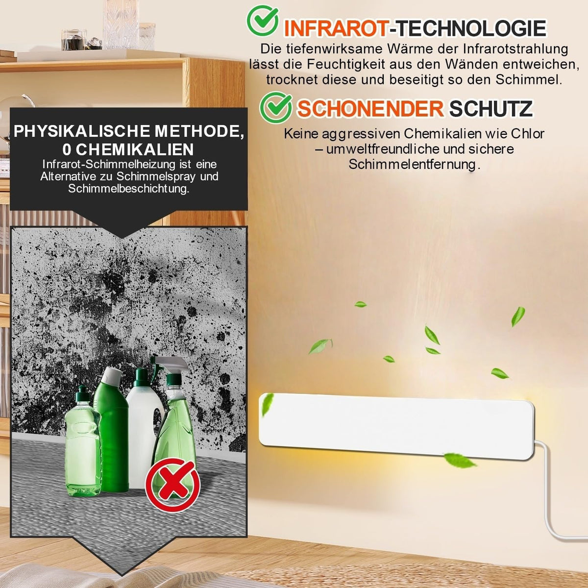 Schimmel Infrarotheizung, 50W Schimmelentferner Wand, Ohne Chemie, Wandmontiert & Freistehend, Geeignet für Badezimmer, Schlafzimmer und Wohnzimmer