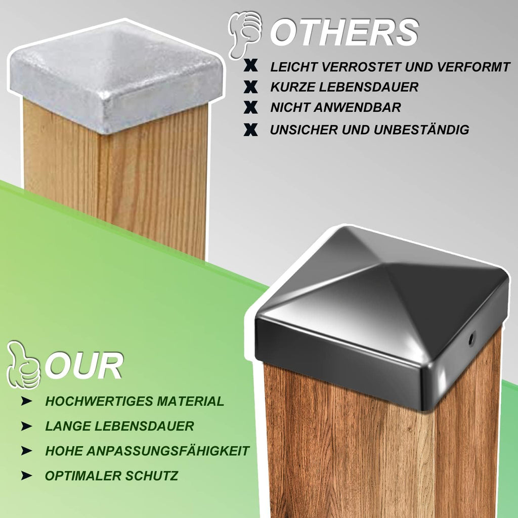 10 Pfostenkappen 91x91mm Zaunpfosten Metall Zaunpfosten verzinkt Pyramiden Form Pfostenabdeckung Zaunpfosten Kappen für Holzpfosten Abdeckkappen für Zaunpfosten mit Schrauben Schwarz/Silber