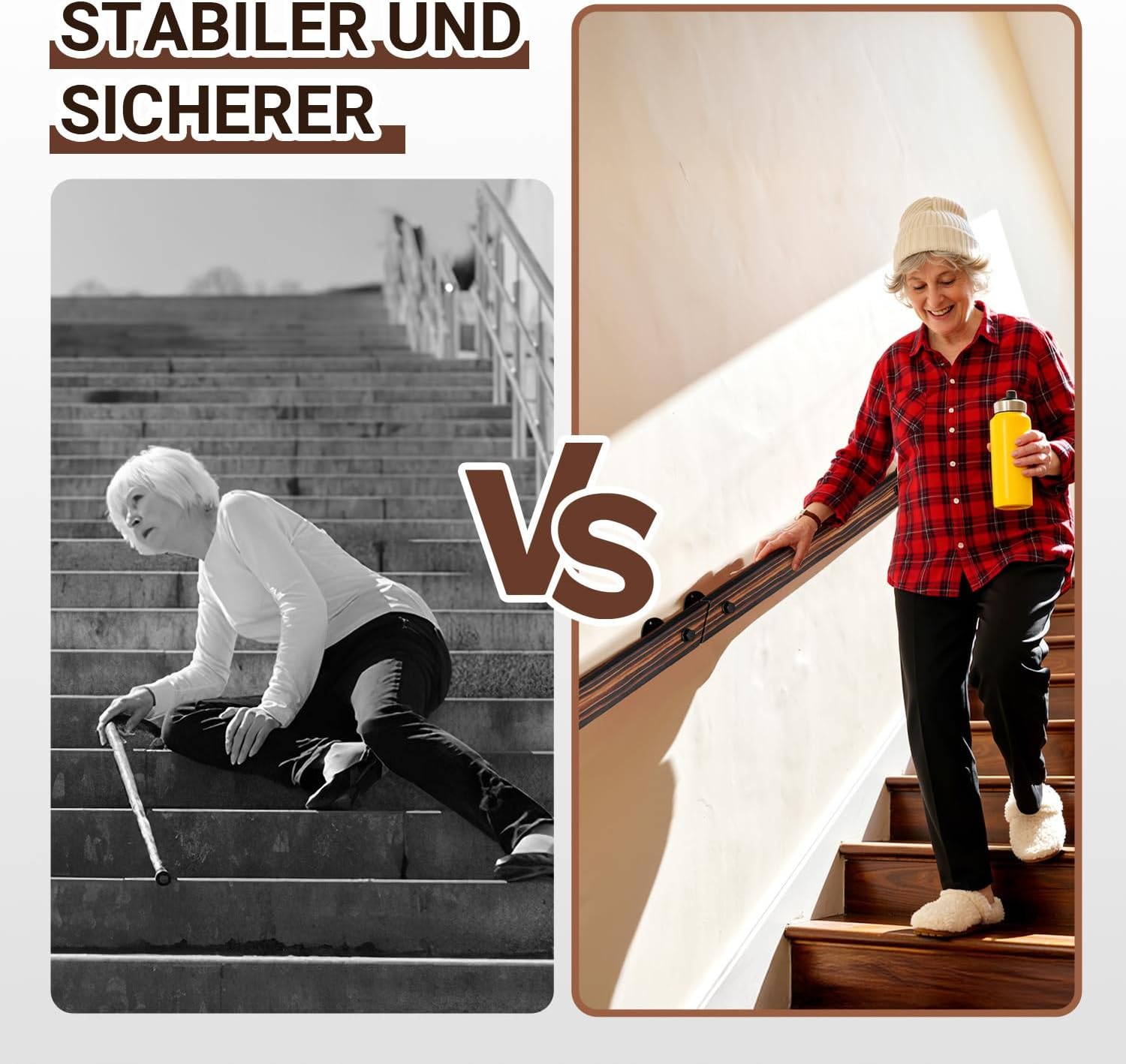 Treppengeländer, Wandgeländer für Treppen, rutschfeste Geländer mit Wandhalterungen und Befestigungszubehör, geeignet für die seitliche Montage an Treppen und Balkonen, flache Ausführung, braun, in sieben Größen erhältlich.