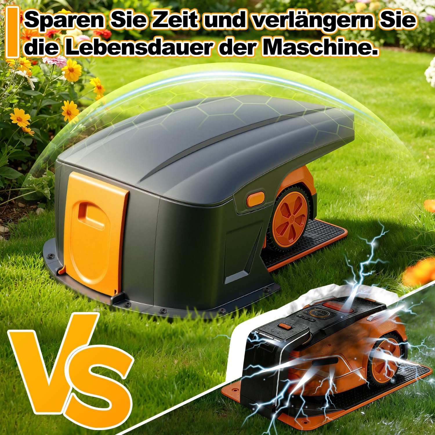 Hochklappbar Mähroboter Garage Kompatible Ladestationen Schutzüberdachung für Rasenroboter Zubehör für Mähroboter Keine Signalblockierung UV-Schutz, Gegen Regen und Hagel 70.5x57x33cm