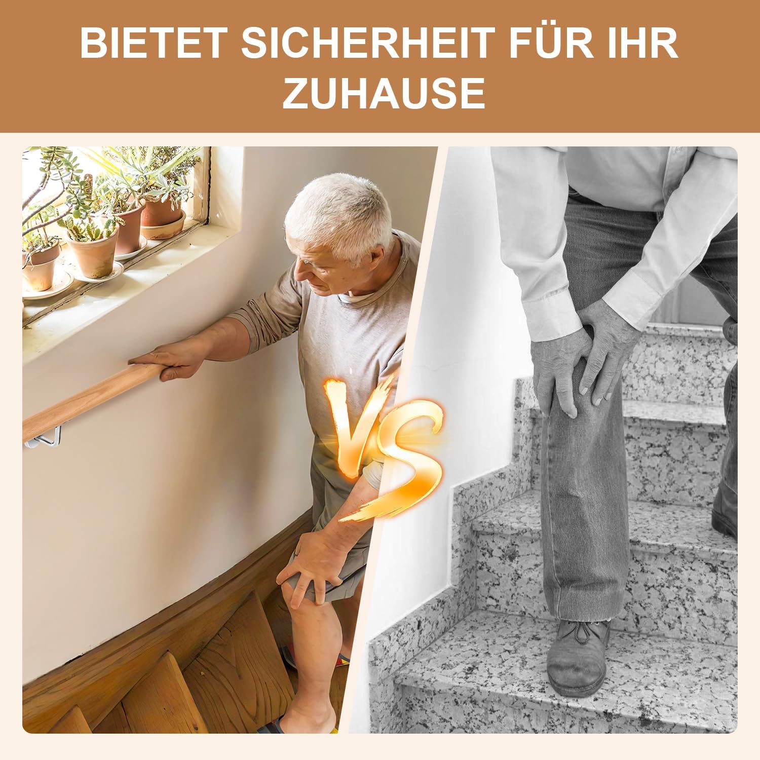 Treppengeländer, Wandgeländer mit Wandbefestigungen und Endkappen, Durchmesser 42 mm, wandmontiertes Treppengeländer, rutschfestes Geländer für Treppen und Balkone, erhältlich in den Längen 50, 80, 100, 120, 150 und 200 cm.