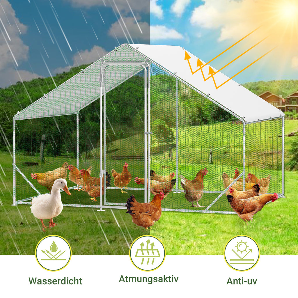 XL-Modell mit Schloss – 300 x 200 x 200 cm – verzinkter Stahl – Hühnerstall aus verzinktem Stahl mit Sonnenschutzdach und Hühnerklappe – Außengehege – für Tiere geeignet