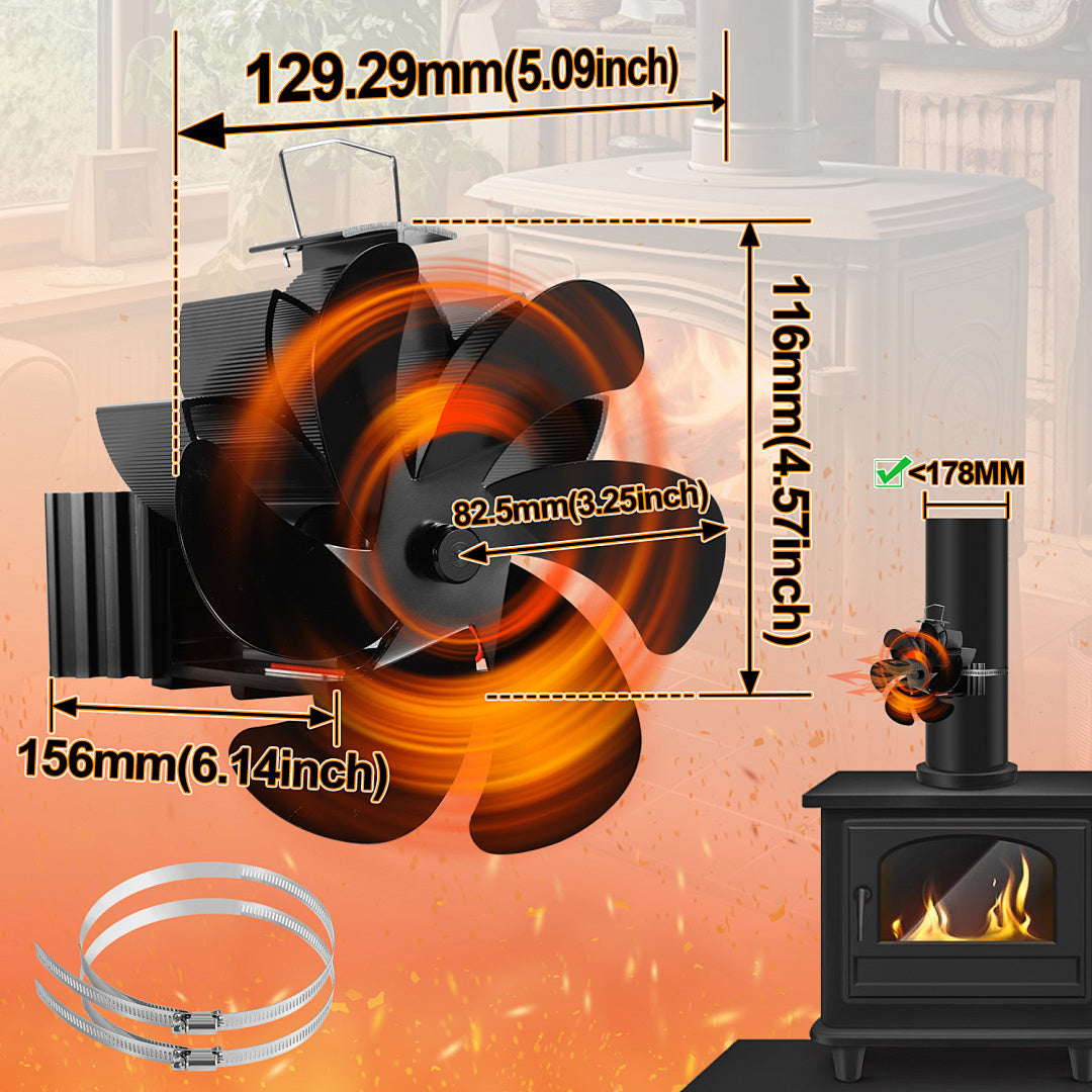 Ofenrohr Ventilator 6-Blatt Magnetisch Wärmebetrieben Leise inkl. 2 Klemmen