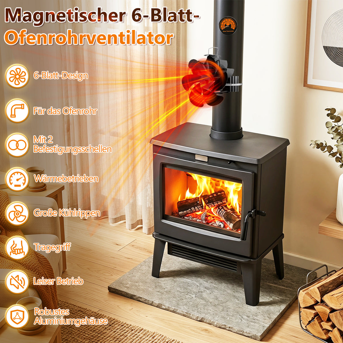Ofenrohr Ventilator 6-Blatt Magnetisch Wärmebetrieben Leise inkl. 2 Klemmen