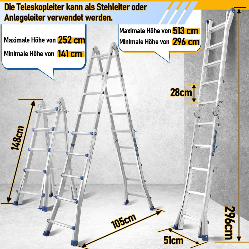 Aluminium multi-purpose ladder, 4-in-1 folding ladder, load capacity 150 kg, step ladder, extension ladder, double-sided ladder and stair ladder, telescopic ladder
