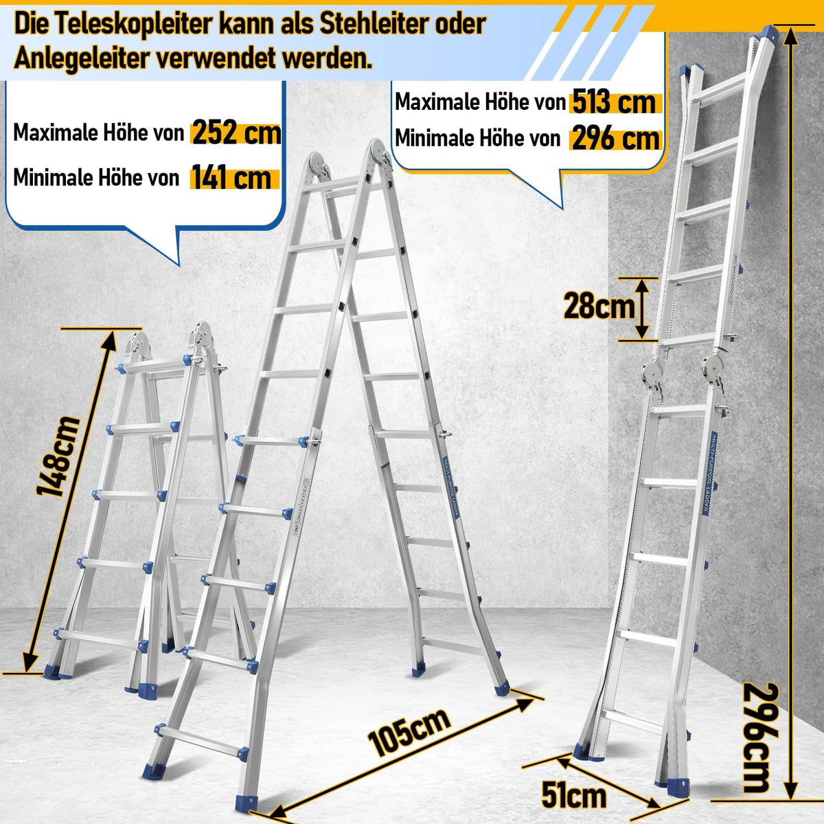 Aluminium multi-purpose ladder, 4-in-1 folding ladder, load capacity 150 kg, step ladder, extension ladder, double-sided ladder and stair ladder, telescopic ladder