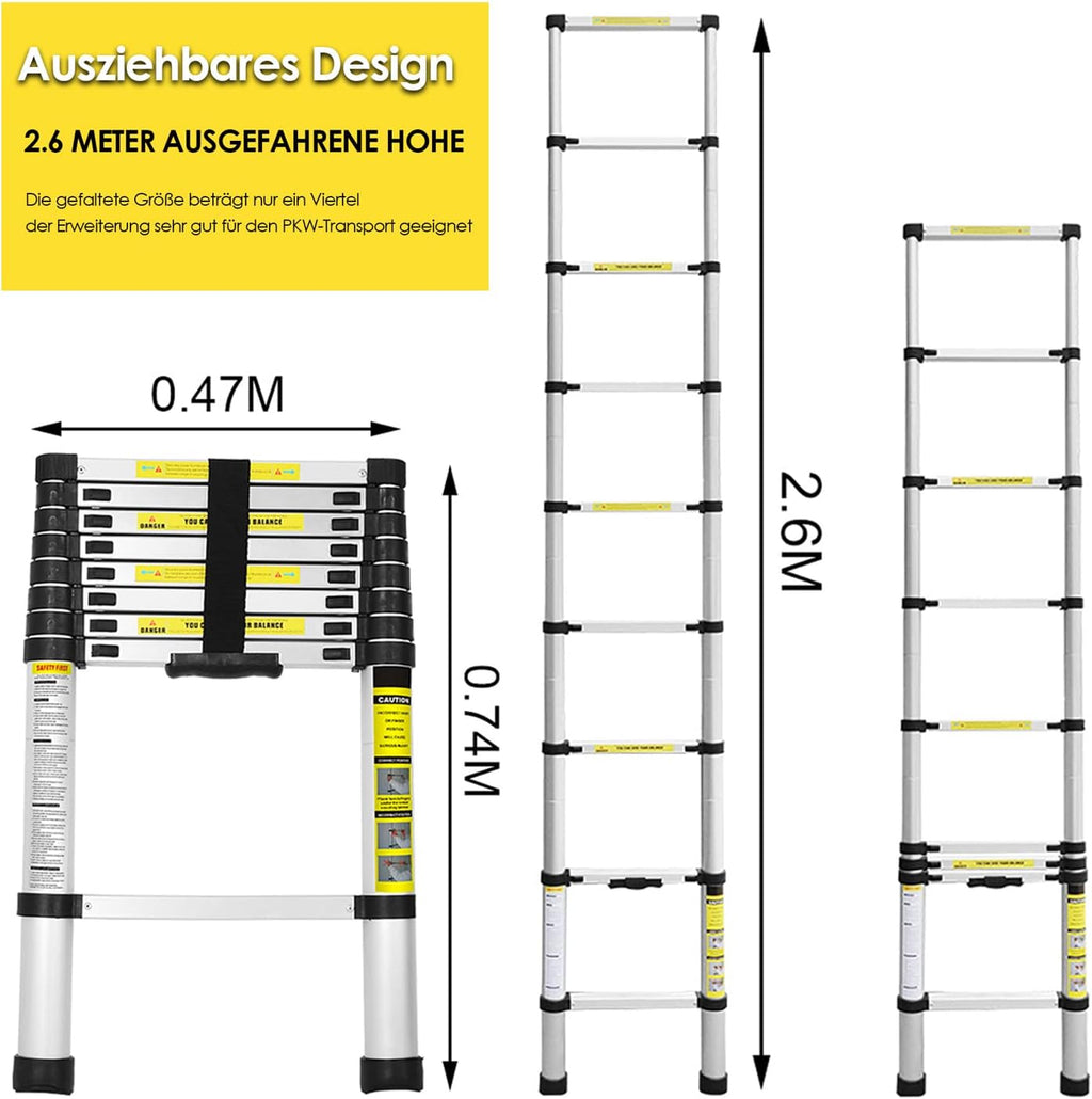 2.6m/3.2m/3.8m/4.4m Teleskopleiter, Aluminiumleiter Ausziehbare Leiter mit rutschfesten Füßen, Mehrzweckleiter für Dachboden, Stehleiter, Tragbar Leichte Leiter 150 kg Belastbarkeit