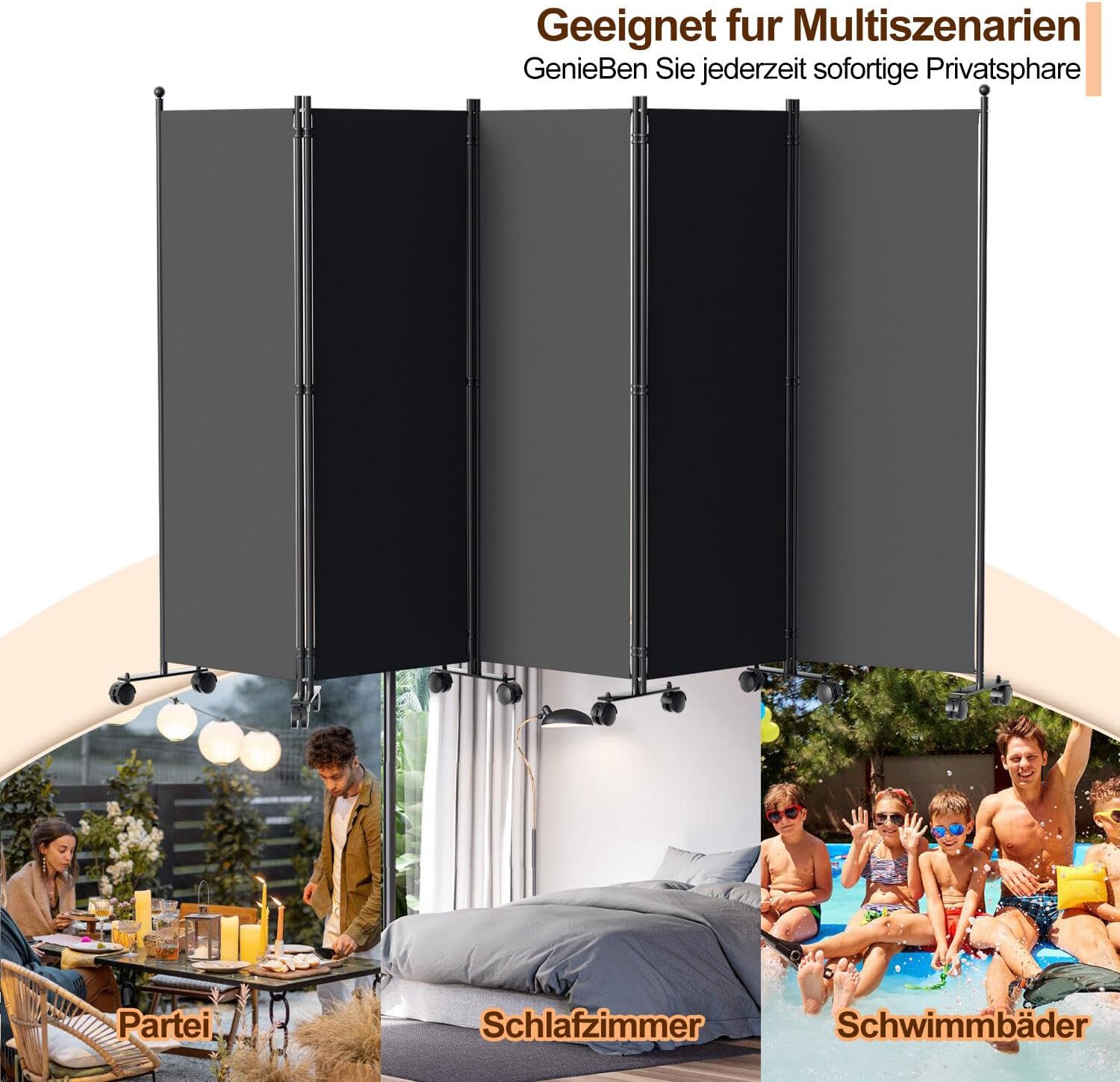 Freistehender Raumteiler auf Rollen, 360° klappbarer Sichtschutz – Sichtschutz für Umkleideräume, geeignet für Büros, Terrassen und Balkone – Anthrazit/Cremefarben