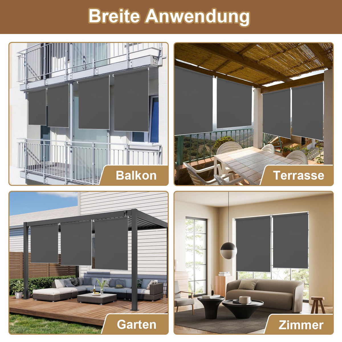 Vertikalmarkisen, Aussenrollos, Balkonrollos, Sichtschutz, Wind- und Regenschutz, Sonnenschutz, UV-Schutz; geeignet für Balkone, Terrassen und Gärten