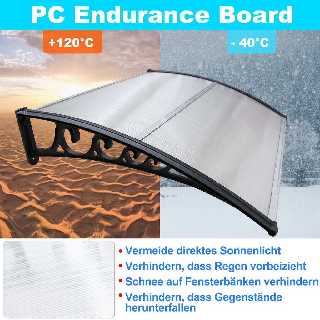 Vordach für Außentüren, transparente PC-Platten + schwarze Verstärkungsstreben, 6 mm dick, einseitig geneigtes, gewölbtes Vordach, schützt vor Sonne und Regen, vier Größen: 120 cm / 150 cm / 200 cm / 300 cm