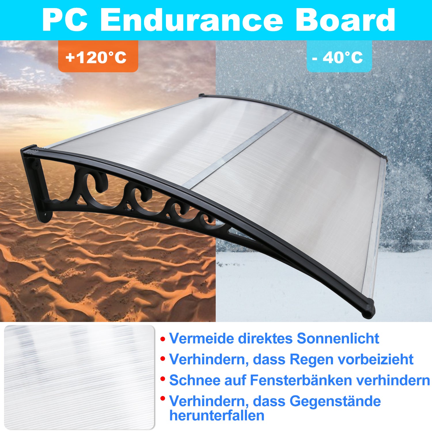 Vordach für Außentüren, transparente PC-Platten + schwarze Verstärkungsstreben, 6 mm dick, einseitig geneigtes, gewölbtes Vordach, schützt vor Sonne und Regen, vier Größen: 120 cm / 150 cm / 200 cm / 300 cm