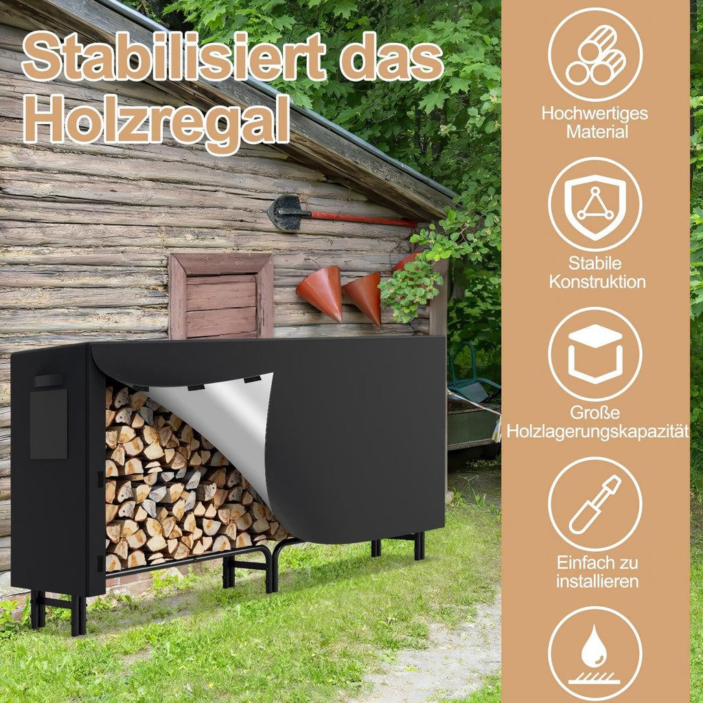 Holzregal mit Schutzhülle – Stahlrahmen – schwarzes Metall-Holzregal – Hilfsmittel zur Lagerung im Innenbereich – Maße: 244 x 34,5 x 124 cm