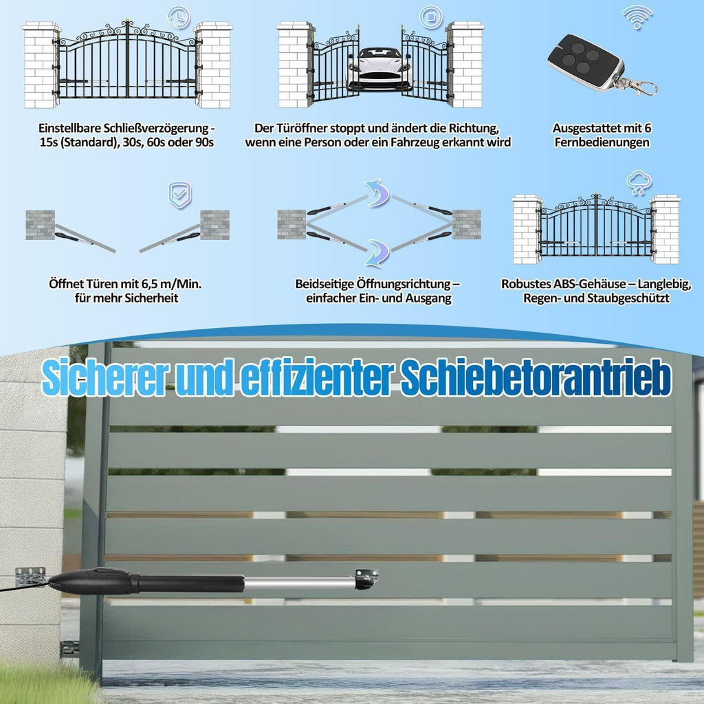 Automatischer Flügeltorantrieb Doppelflügeltorantrieb, 50W 600kg Toröffner Drehtoröffner Set Max 6m, 300kg / 3m pro Flügel mit 6 Fernbedienungen 2 Schlüssel