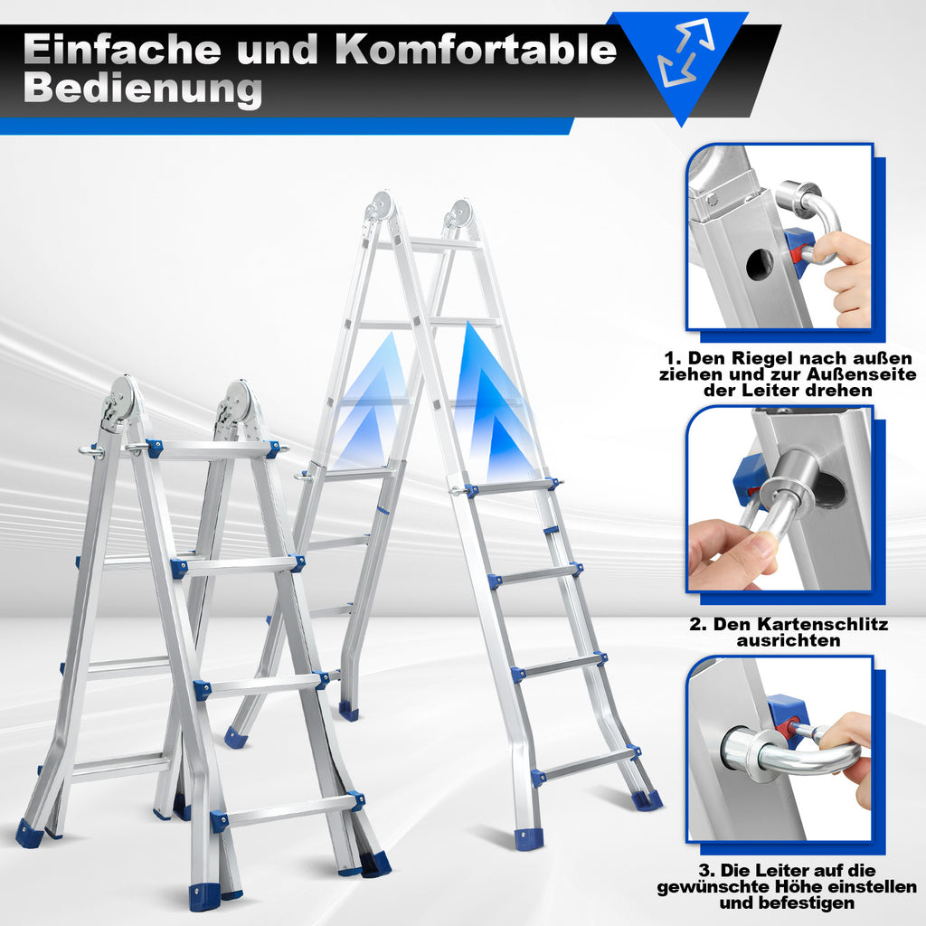 Aluminium multi-purpose ladder, 4-in-1 folding ladder, load capacity 150 kg, step ladder, extension ladder, double-sided ladder and stair ladder, telescopic ladder