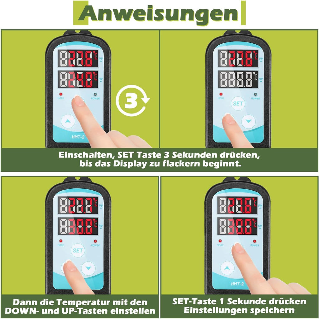 Gewächshausheizung, Timer, Zeitplan & 3000W Digitalregler Ø42-mm-Heizrohr, Haltebügel, Überhitzungsschutz, Wand-/Bodenmontage, Ist-/Sollanzeige, °C/°F, für Schrank & Gewächshaus