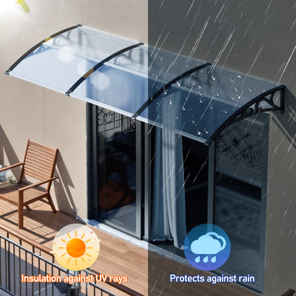 Vordach für Außentüren, transparente PC-Platten + schwarze Verstärkungsstreben, 6 mm dick, einseitig geneigtes, gewölbtes Vordach, schützt vor Sonne und Regen, vier Größen: 120 cm / 150 cm / 200 cm / 300 cm